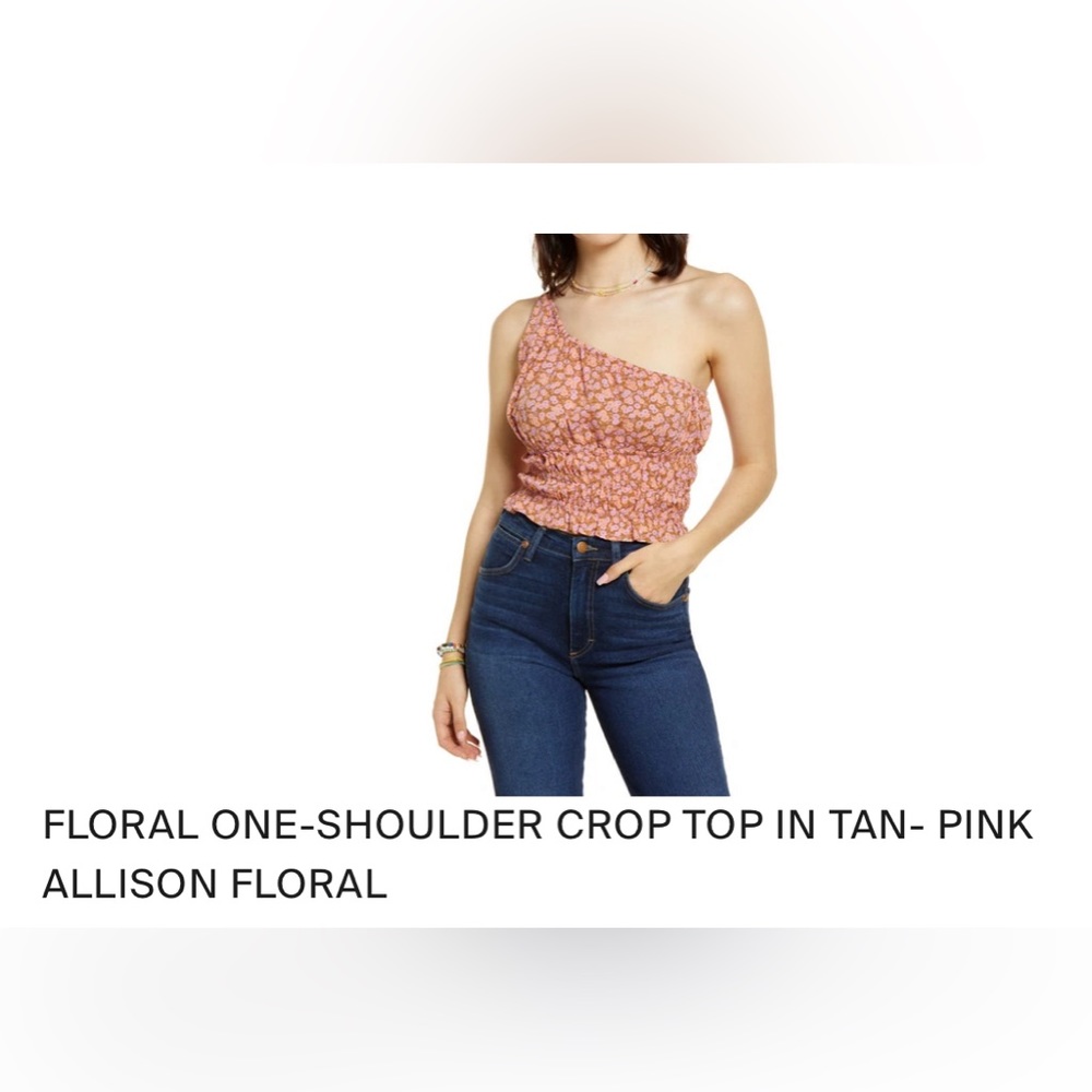 Bp FLORAL ONE-SHOULDER CROP TOP IN TAN- PINK ALLISON FLORAL